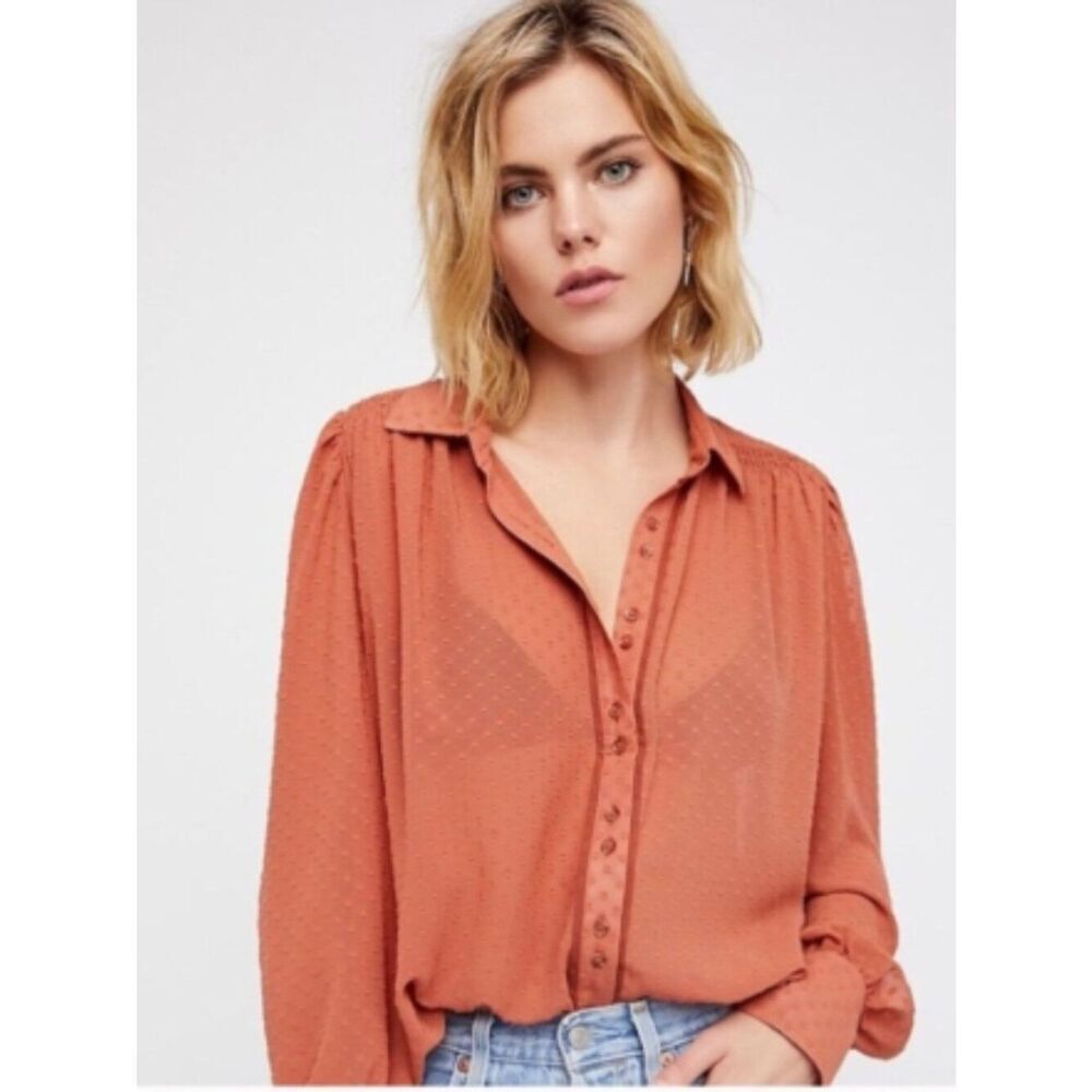 Like New! Free People Clay Swiss Dot Textured Button-Front Blouse Rust in S